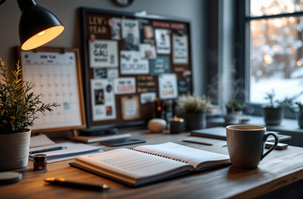 Bureau moderne avec cahier et tasse de café.