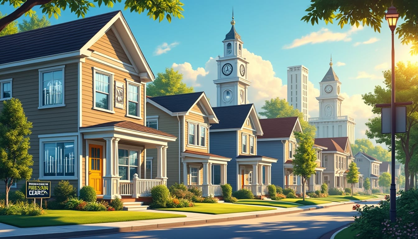 Maisons alignées avec lampadaire et horloge extérieure.