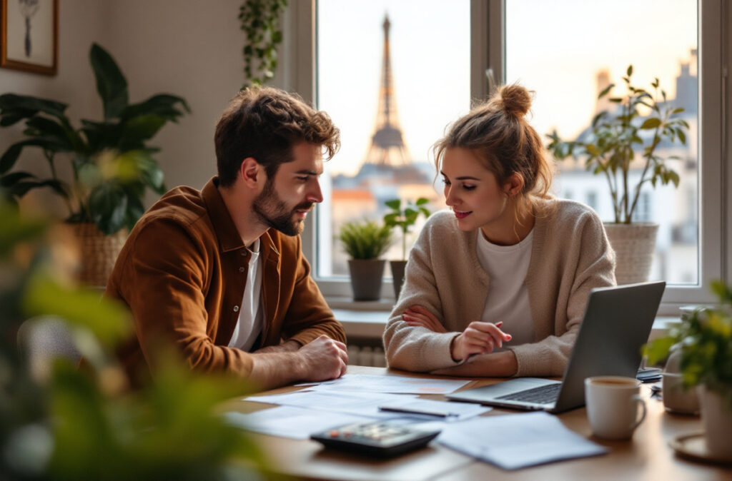 Couple travaillant à domicile avec vue sur Paris.