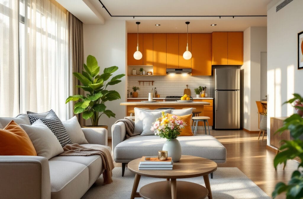 Salon lumineux avec cuisine moderne et plantes vertes.