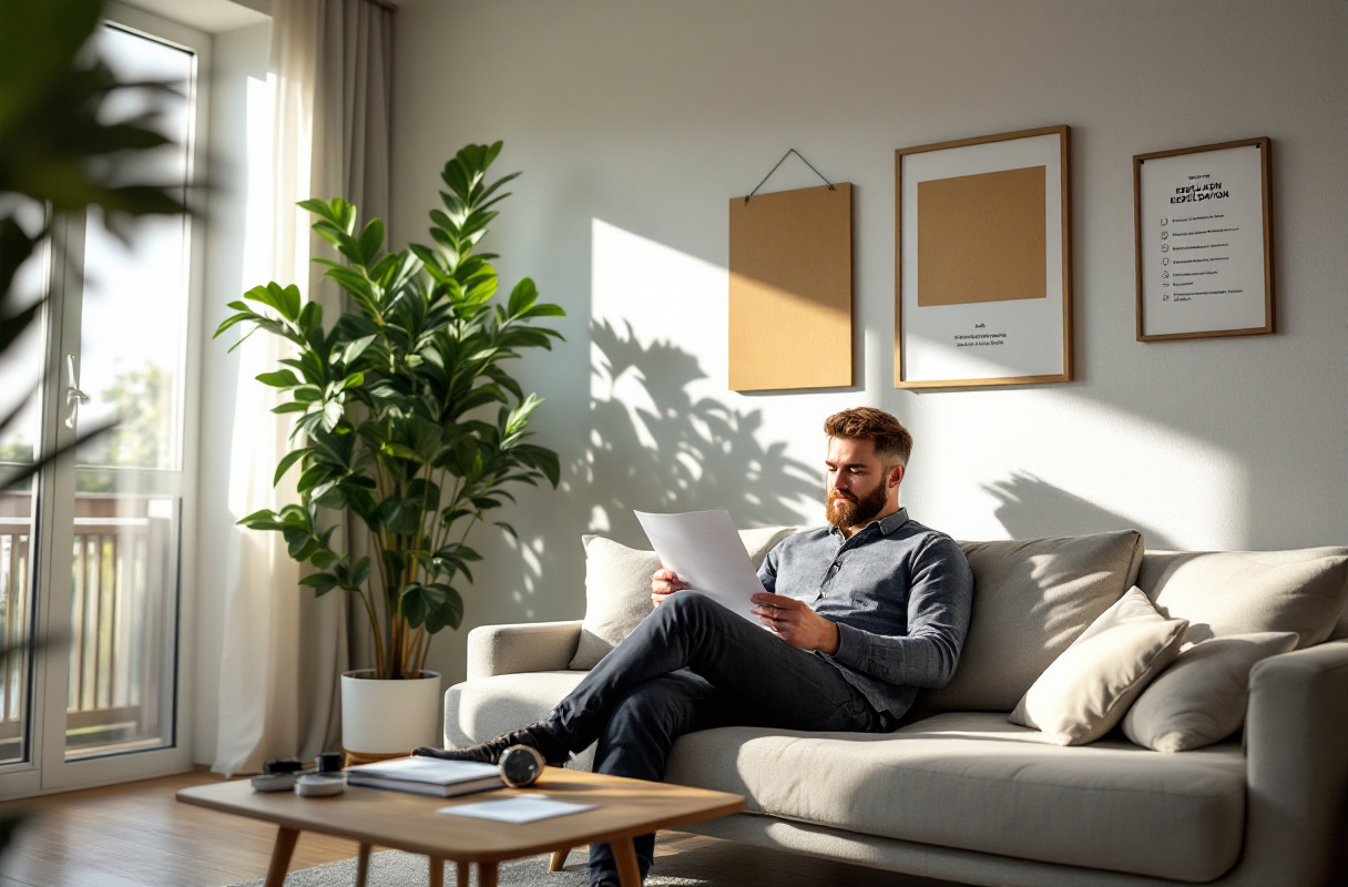 Homme lisant sur canapé ensoleillé, intérieur moderne.