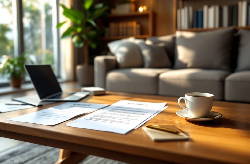 Salon moderne avec documents, ordinateur et tasse de café.