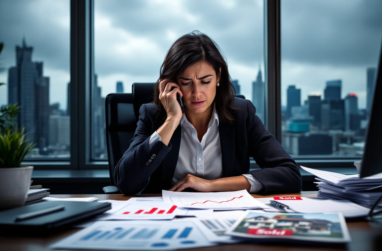 Femme d'affaires stressée au bureau, appel téléphonique.