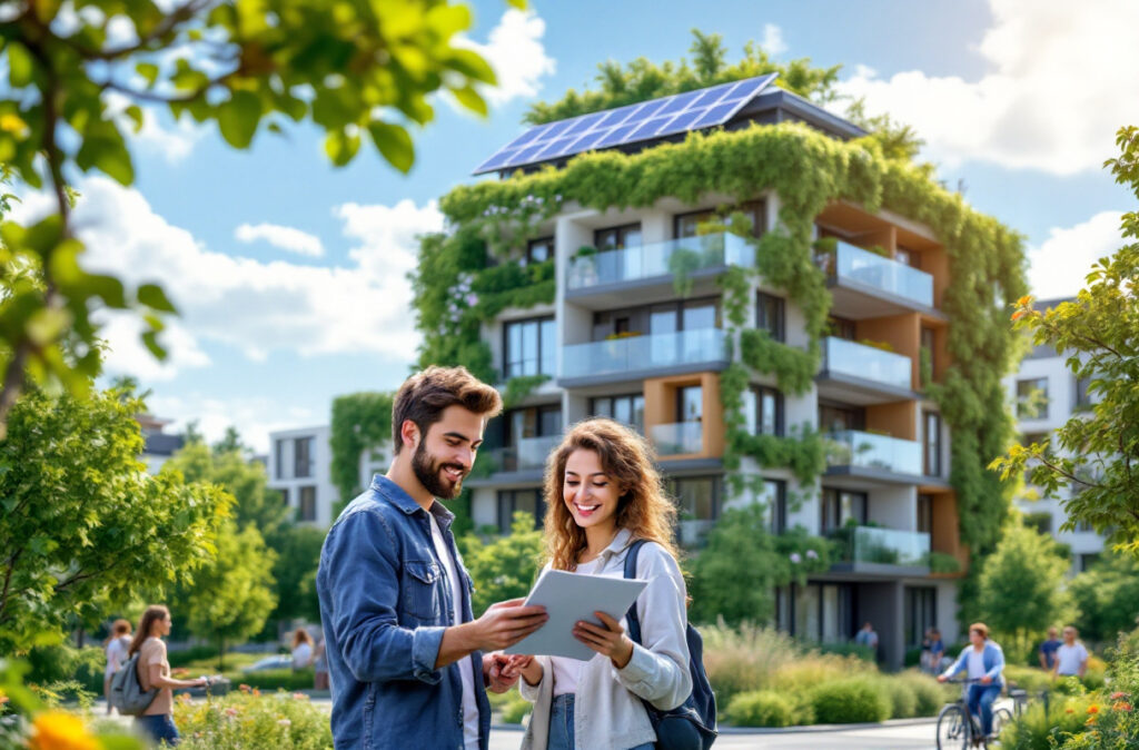 Couple examine des plans devant immeuble écologique.
