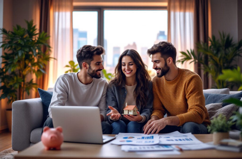 Discussion d'achat immobilier entre amis souriants.