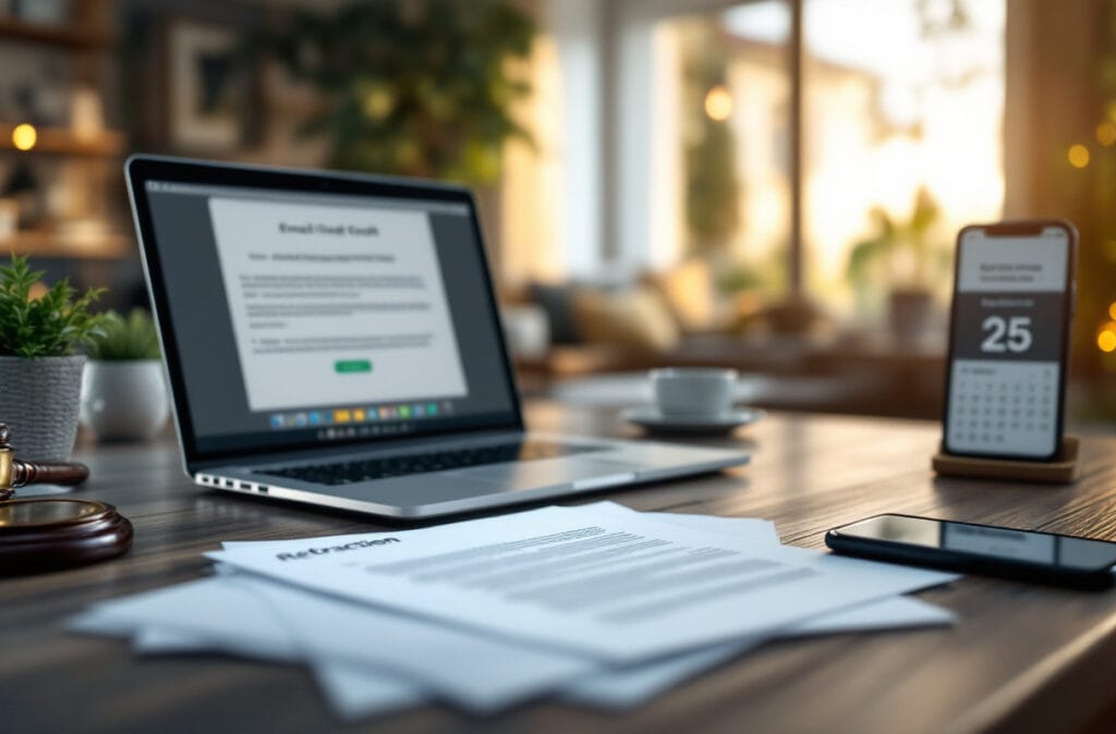 Bureau lumineux avec ordinateur portable et smartphone.