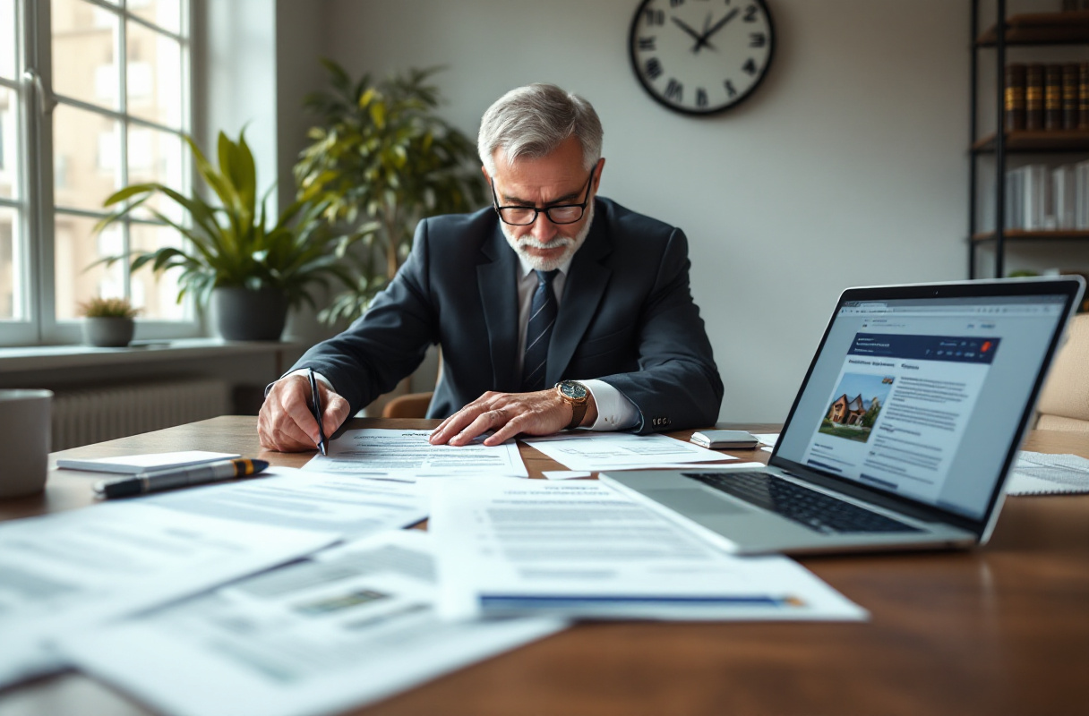 Homme d'affaires signant des documents dans un bureau.