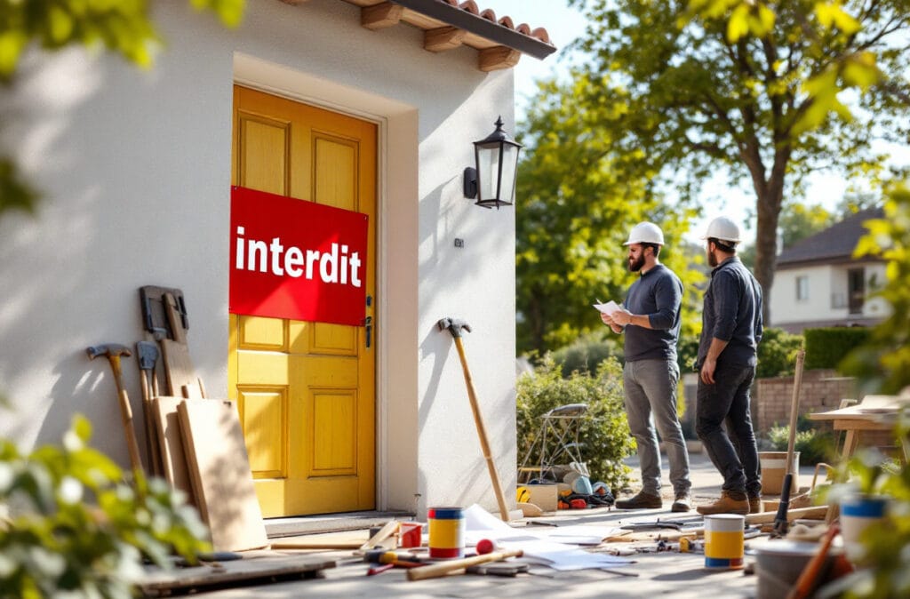 Travaux interdits devant porte jaune, ouvriers présents.
