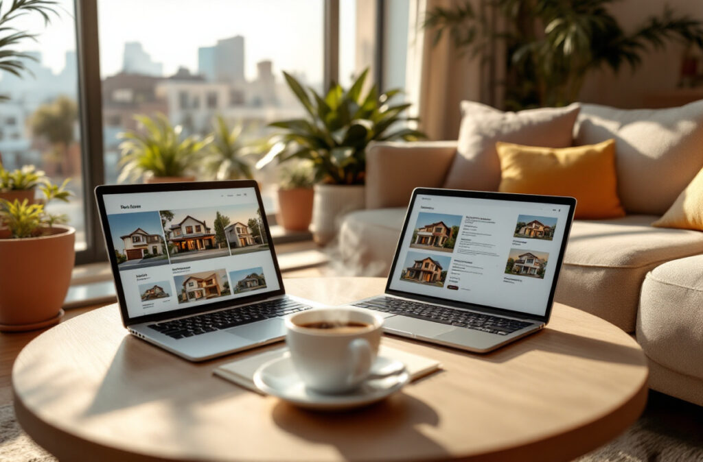 Deux ordinateurs portables affichant des maisons sur table.