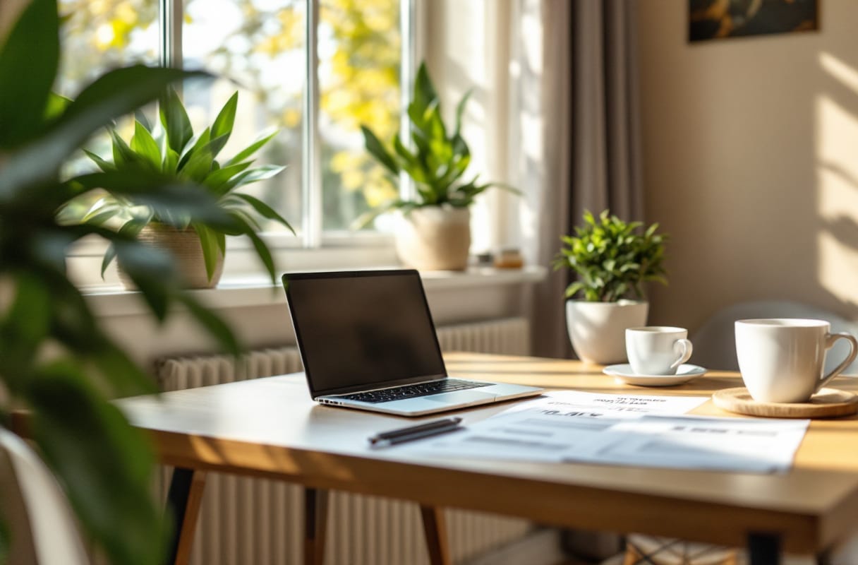 Bureau moderne avec ordinateur et plantes vertes.