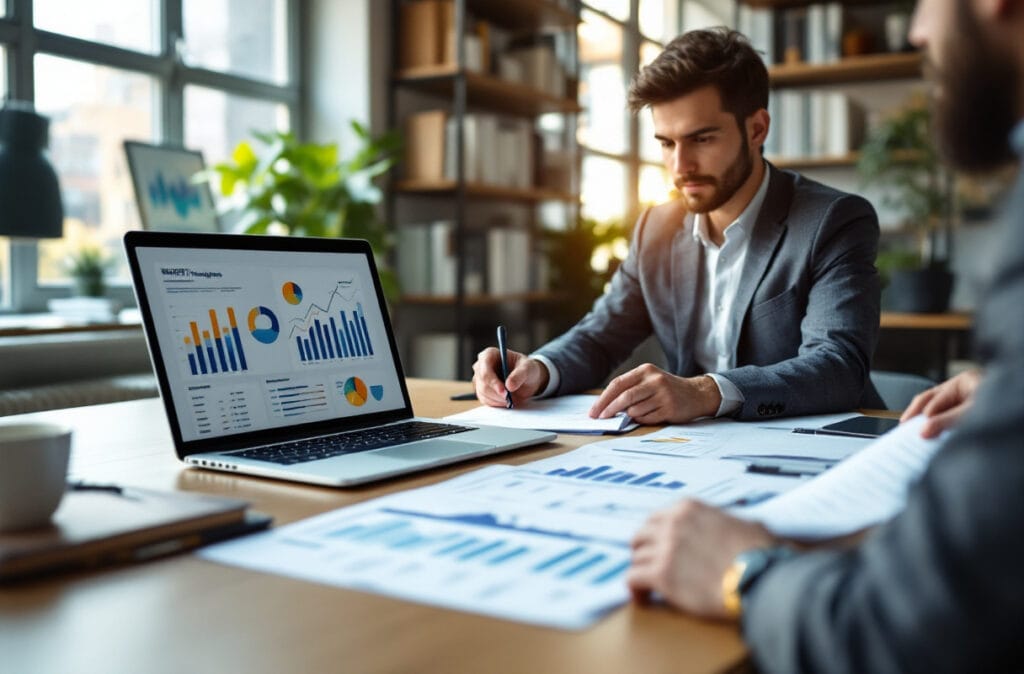 Homme en réunion avec ordinateur portable et graphiques.