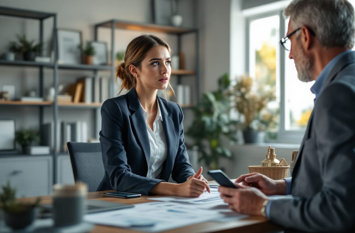 Réunion d'affaires entre deux personnes en bureau lumineux.