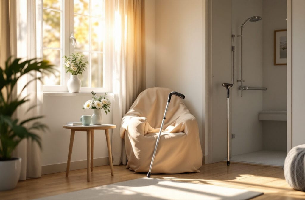 Salon lumineux avec fauteuil et cannes.