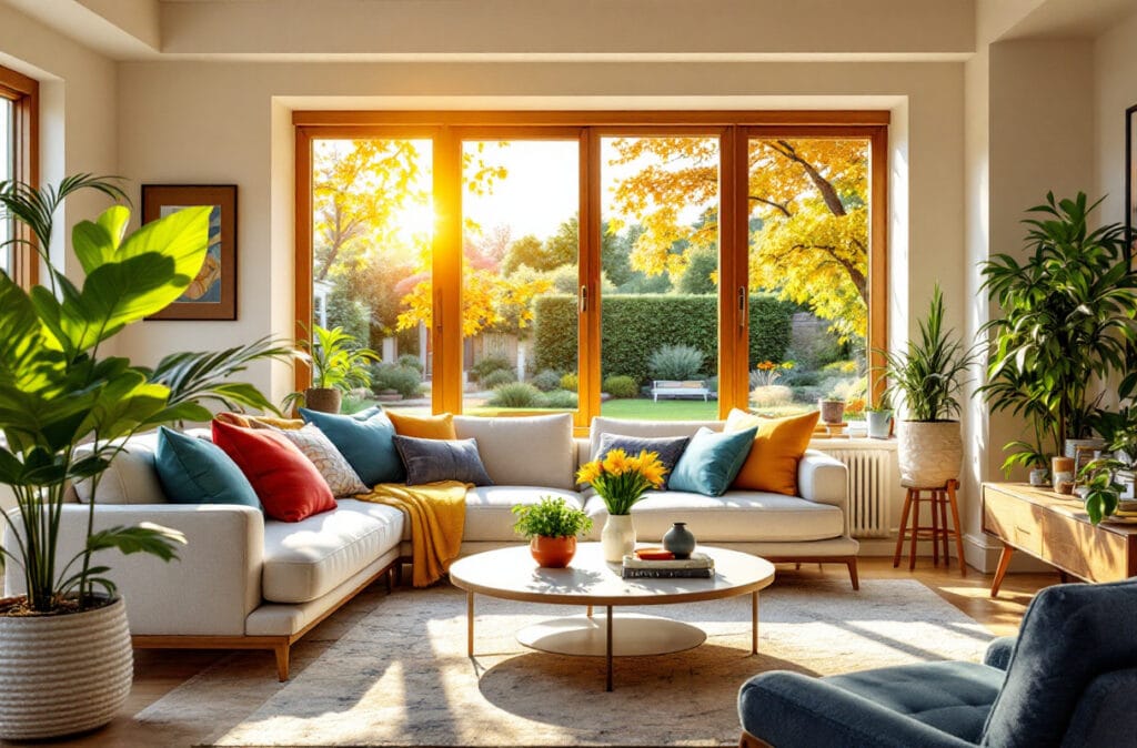 Salon moderne ensoleillé avec plantes et coussins colorés.