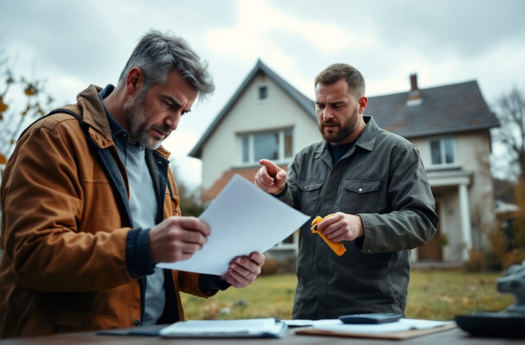 Deux hommes examinent des documents devant une maison.