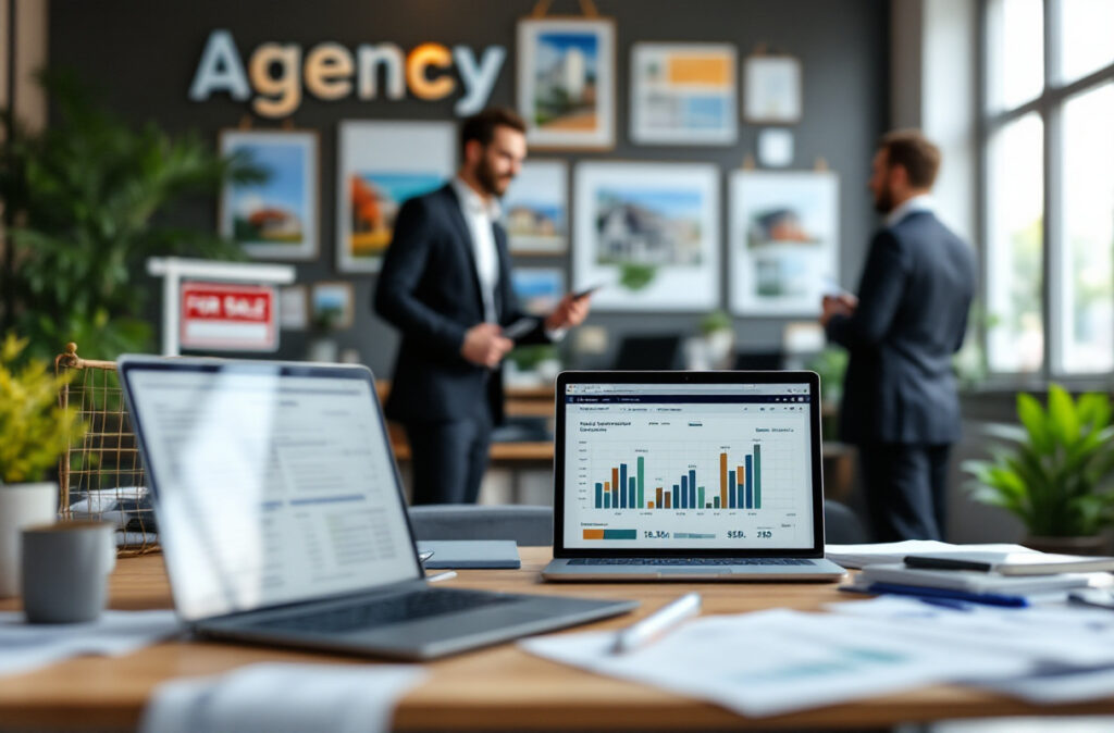 Ordinateurs avec graphiques dans une agence immobilière