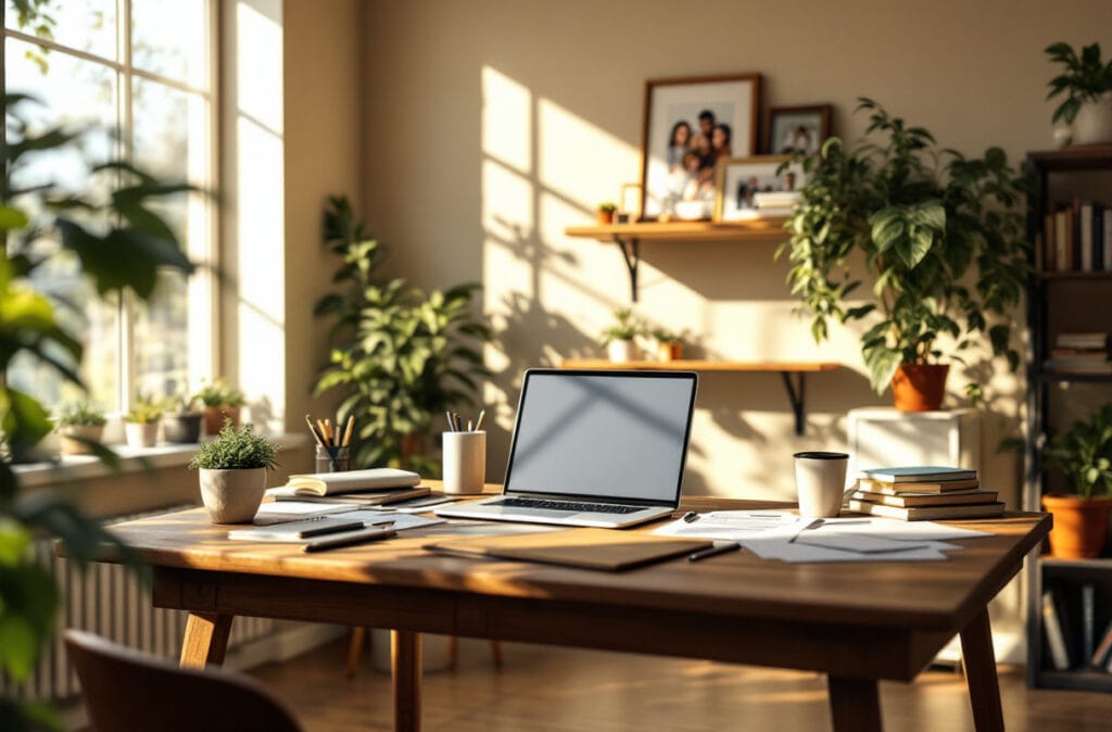 Bureau ensoleillé avec ordinateur portable et plantes vertes.