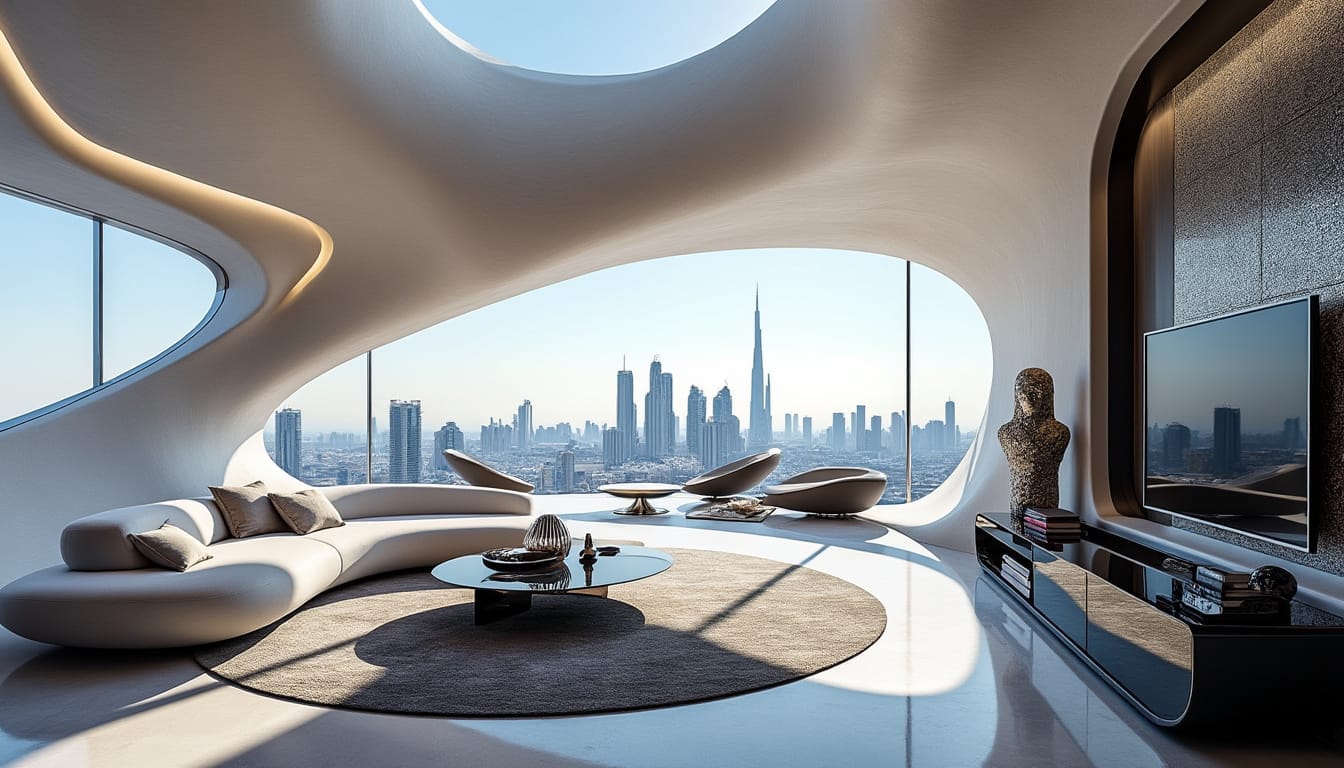 Salon moderne avec vue sur gratte-ciels.