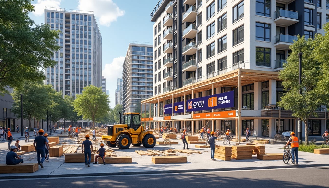 Chantier construction urbain avec ouvriers et matériel.