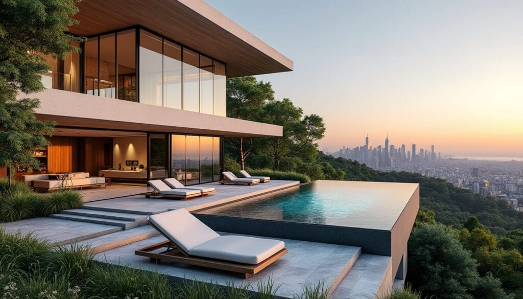 Maison moderne avec piscine et vue sur la ville.