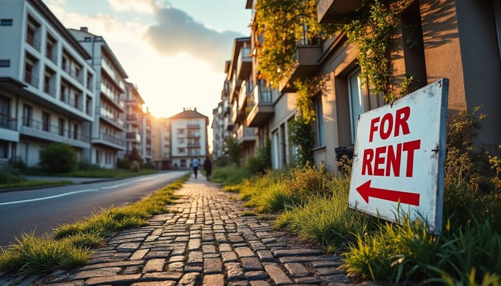 Panneau location devant immeuble ensoleillé.