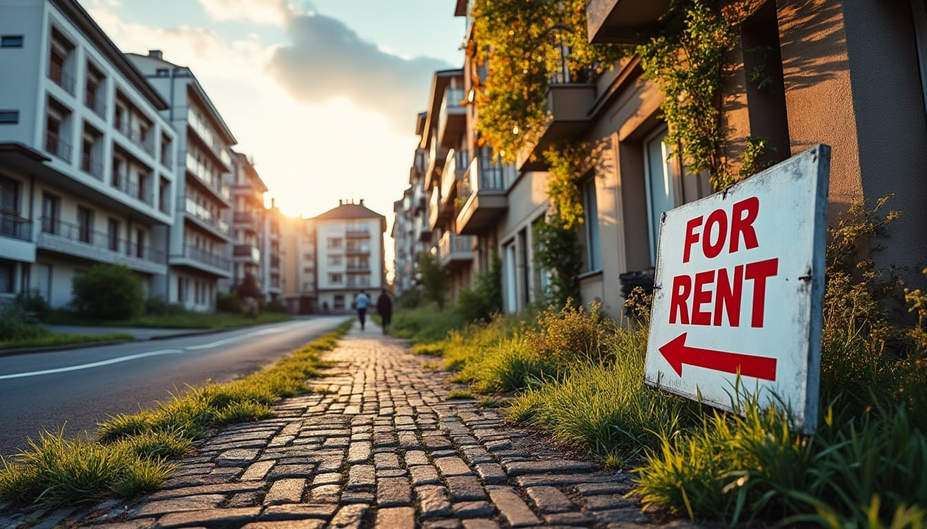 Panneau location devant immeuble ensoleillé.