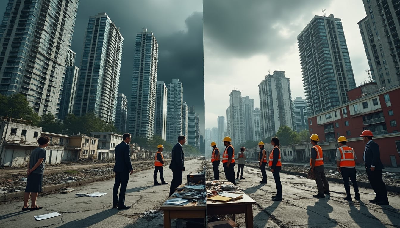 Réunion de chantier dans une ville moderne.