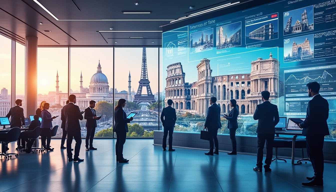 Salle de réunion avec vue sur monuments célèbres.