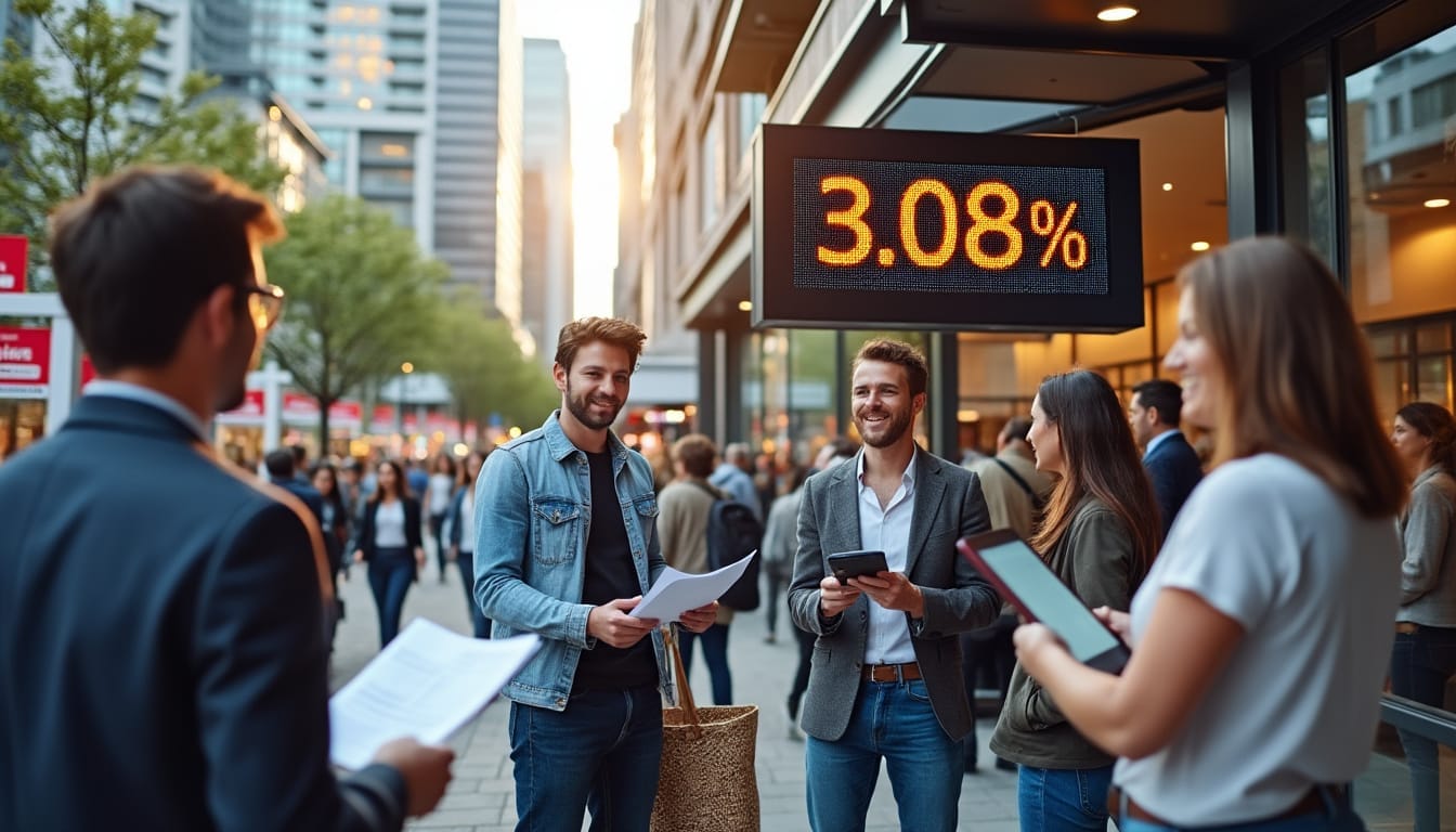 Groupe discutant taux d'intérêt 3.08% en extérieur.