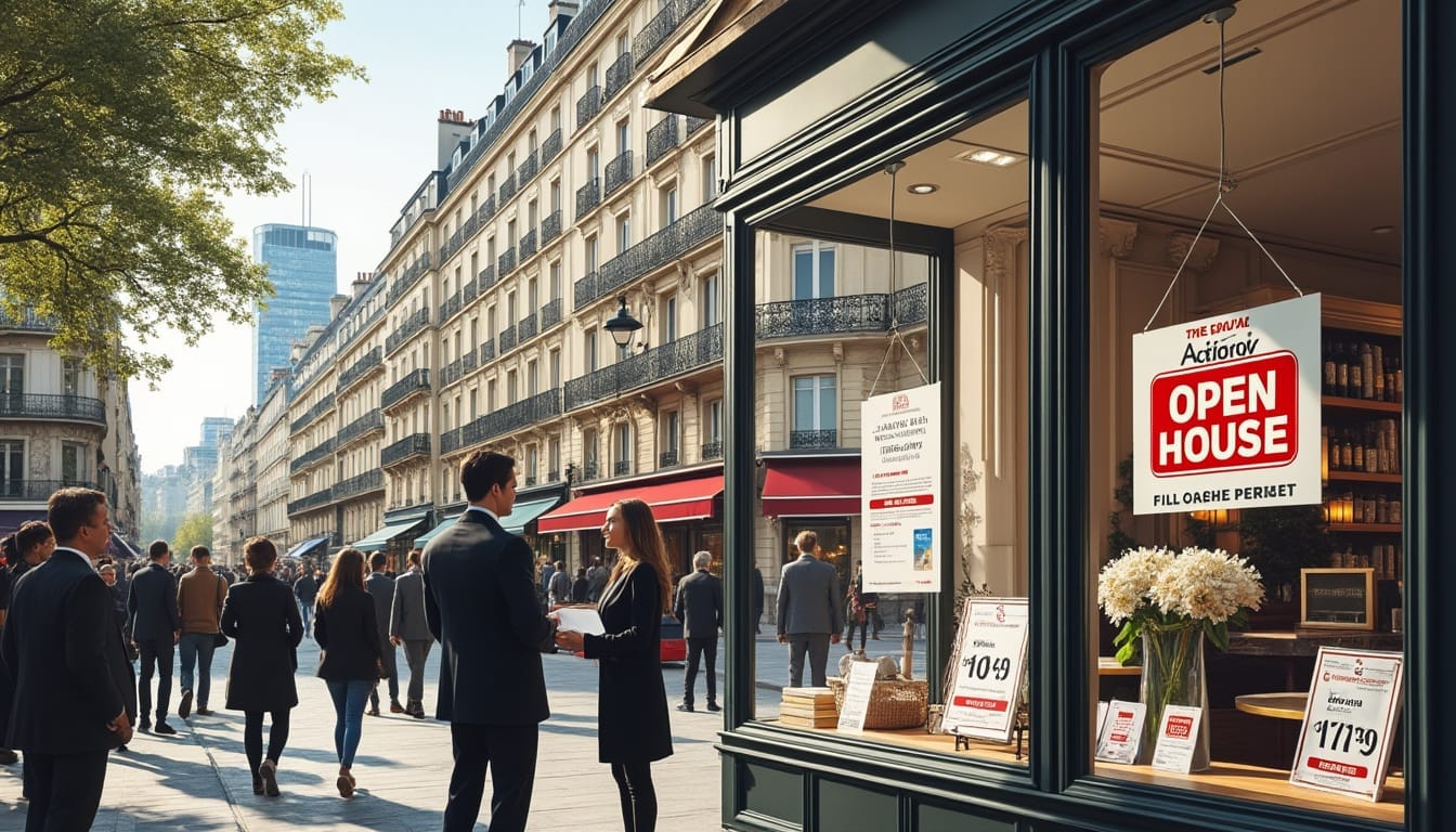 Rue animée avec boutique et pancarte Open House.
