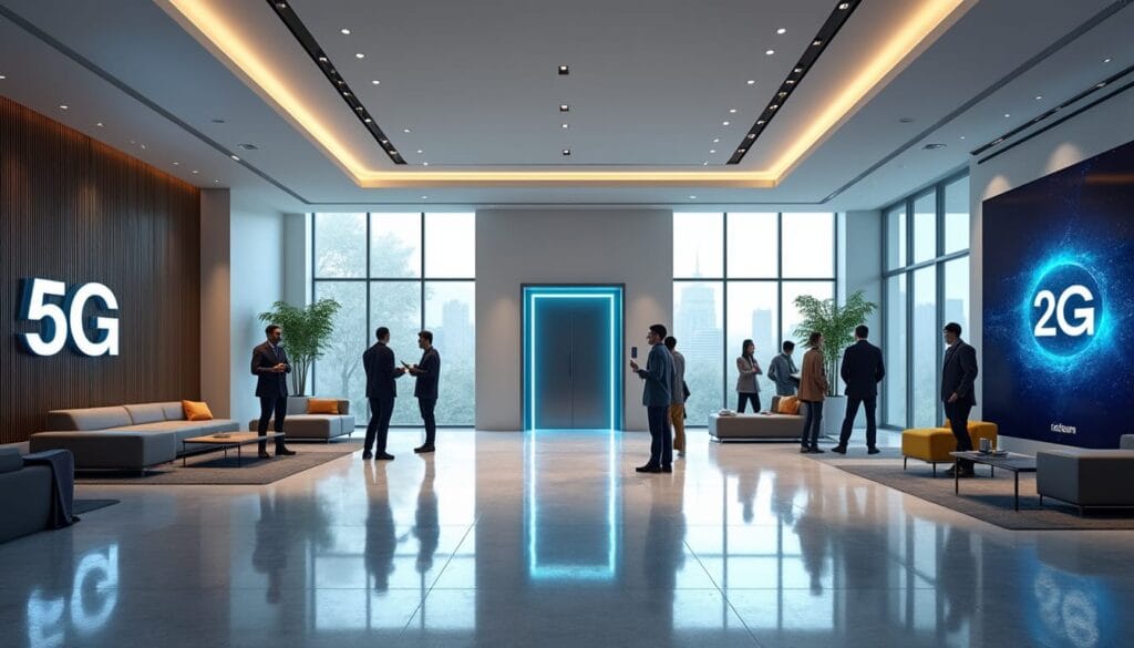 Hall moderne avec affichages 5G et 2G.