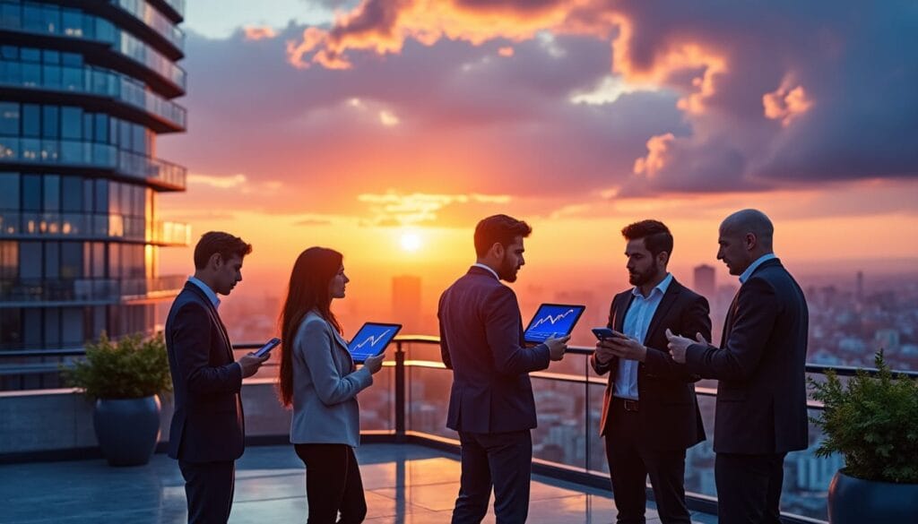 Réunion d'affaires sur terrasse au coucher du soleil.