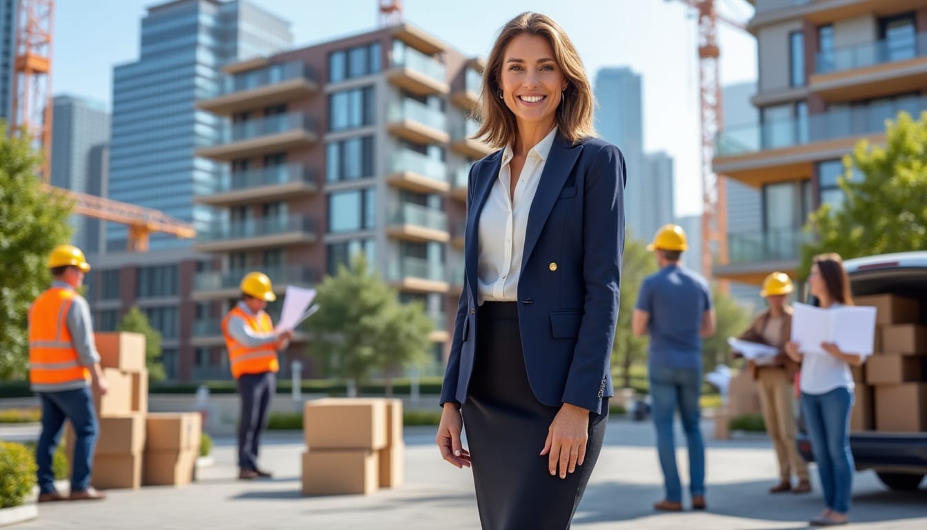 Femme souriante devant chantier de construction urbain.