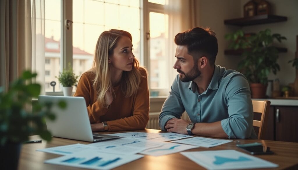 Deux personnes discutant près d'un ordinateur portable