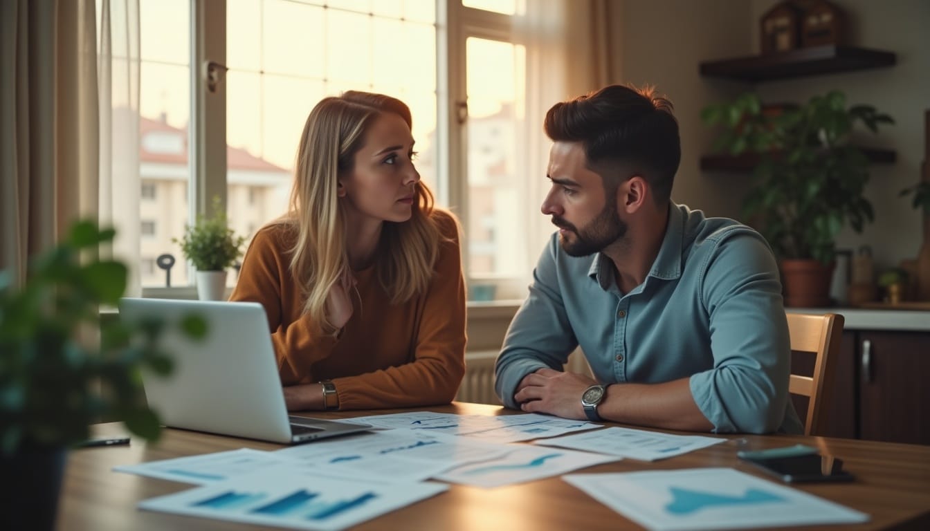 Deux personnes discutant près d'un ordinateur portable