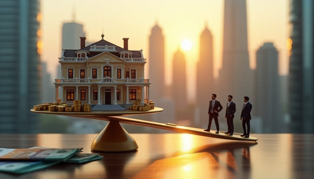 Maison équilibrée sur une balance avec des hommes.