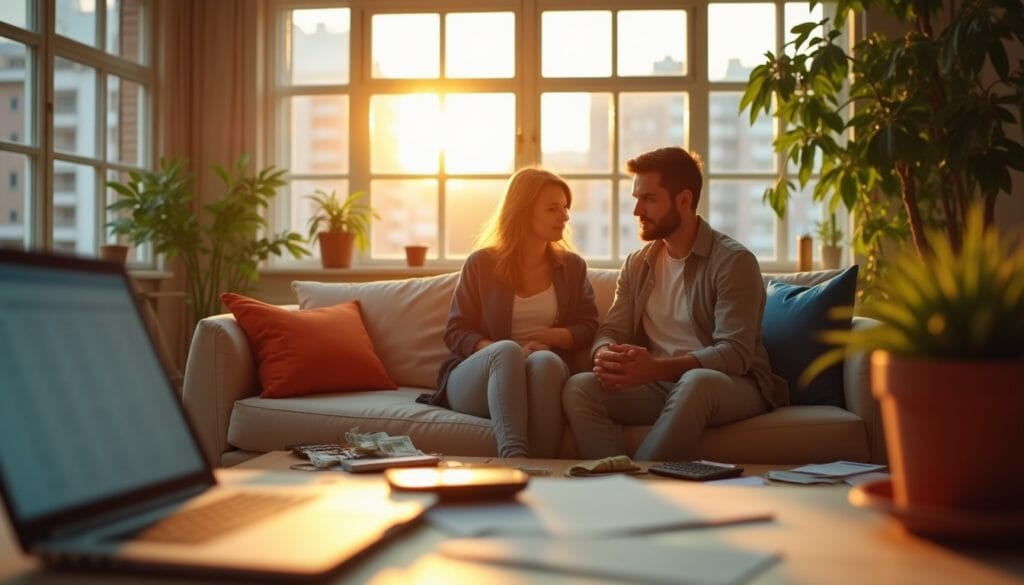 Couple discutant dans un salon ensoleillé