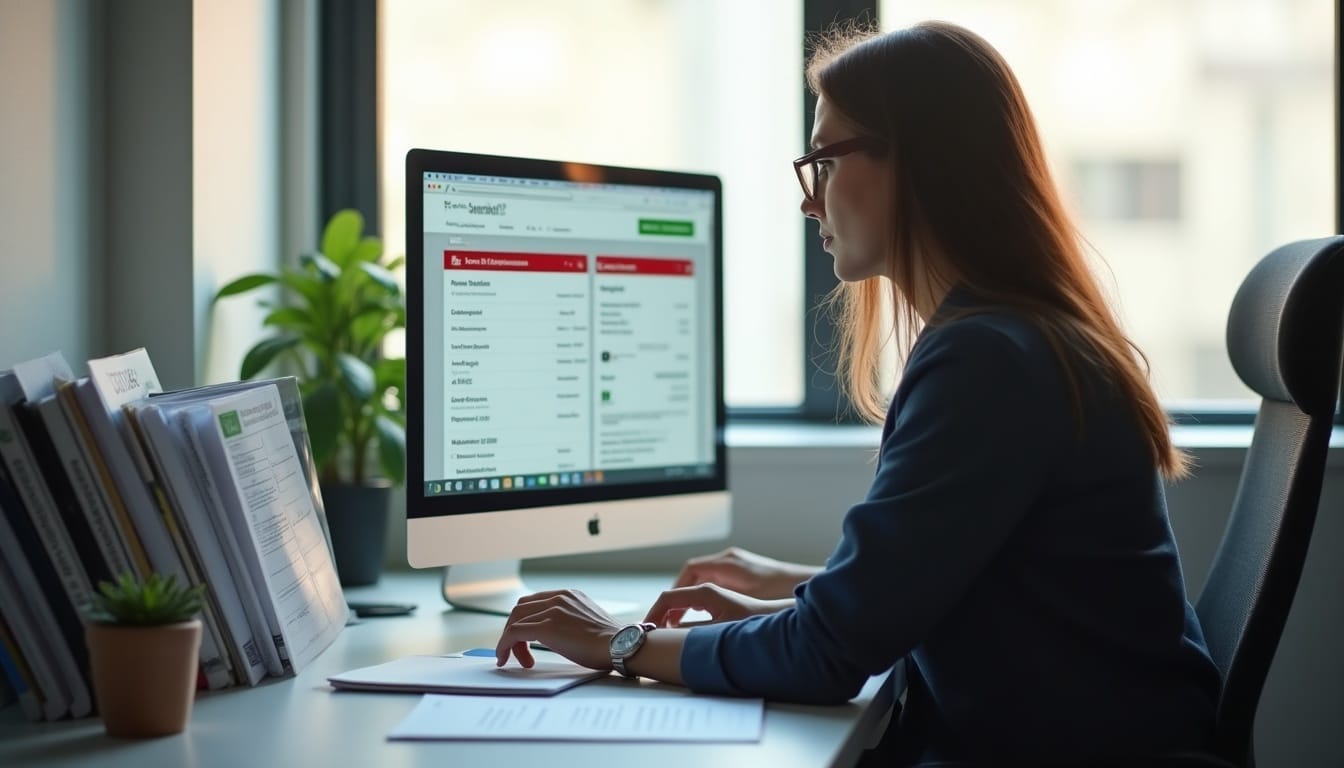 Femme travaillant sur ordinateur au bureau, documents visibles.