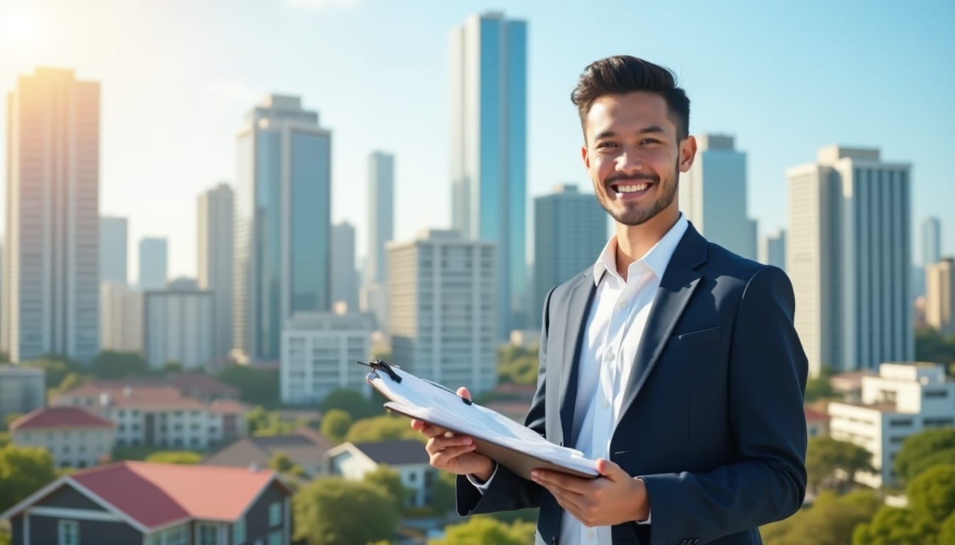 Homme souriant tenant dossiers devant des gratte-ciels urbains.