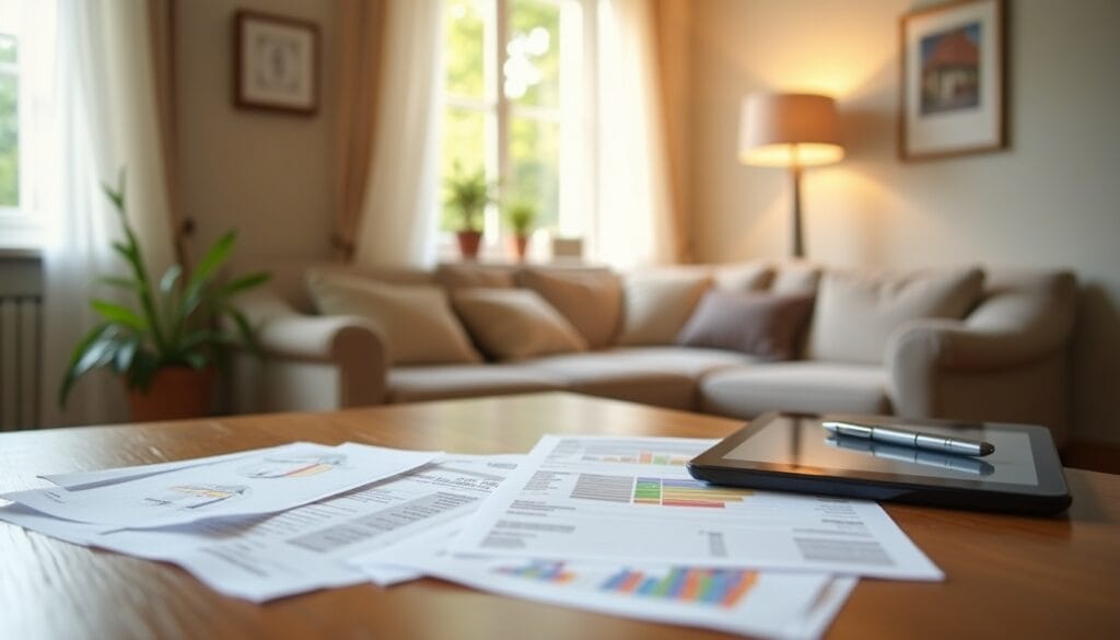 Salon avec documents et tablette sur table en bois.