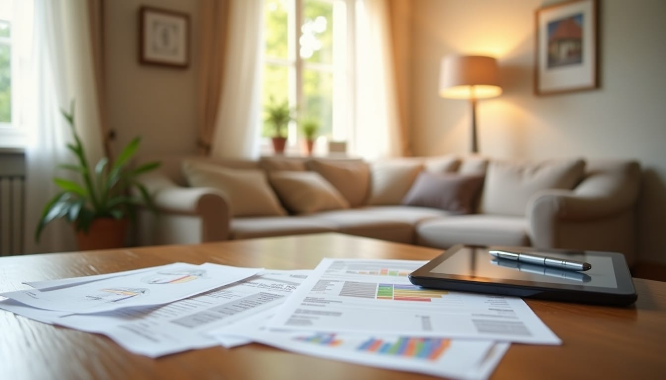 Salon avec documents et tablette sur table en bois.