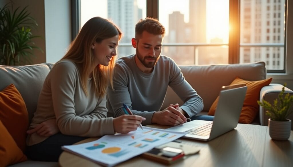 Deux personnes analysant des graphiques sur ordinateur portable.