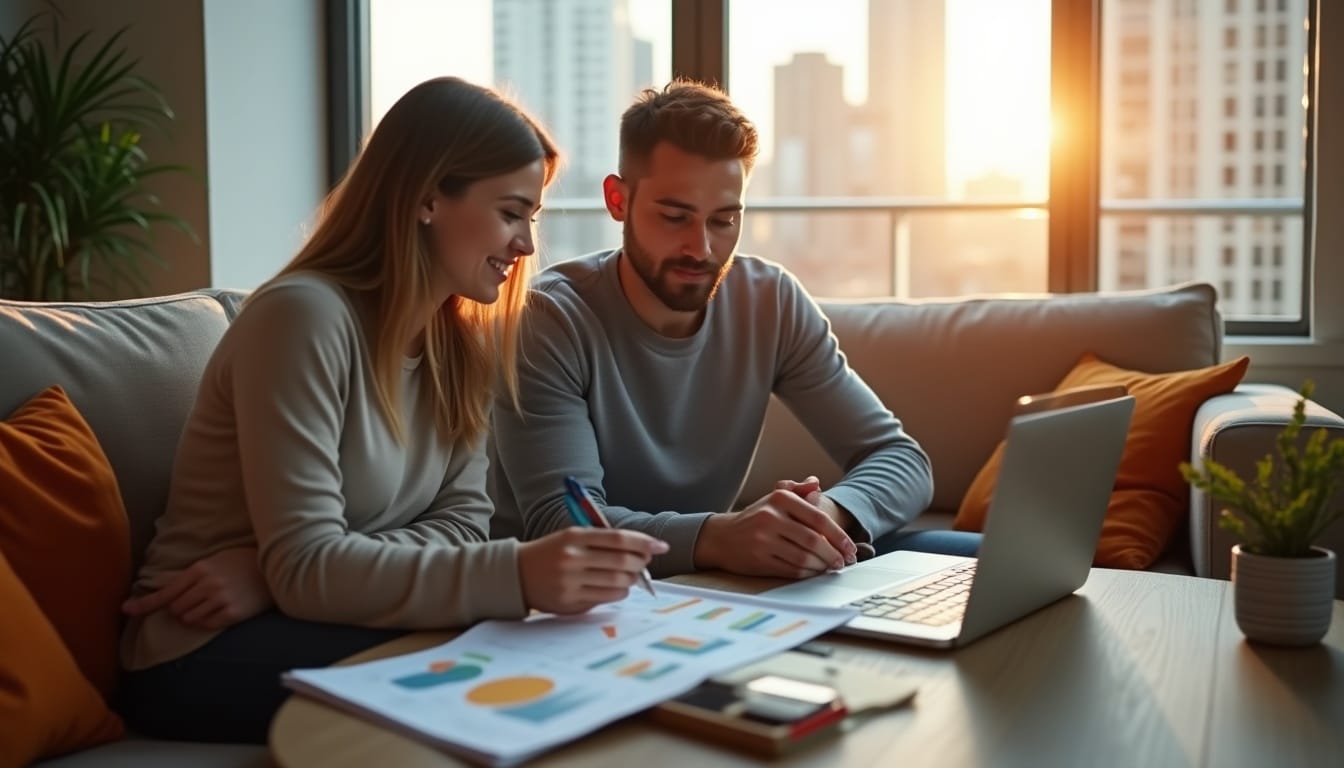 Deux personnes analysant des graphiques sur ordinateur portable.