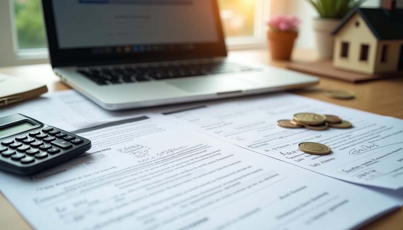 Documents financiers avec ordinateur et calculatrice.