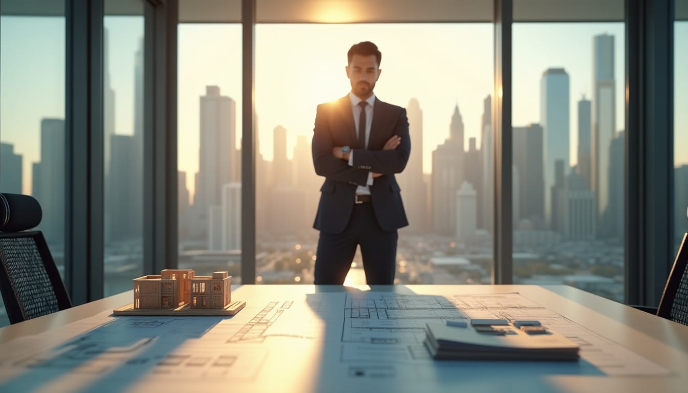 Homme d'affaires observant une maquette architecturale.