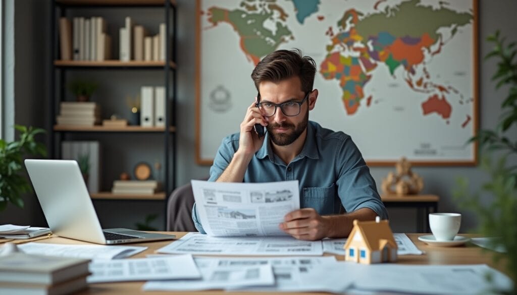 Homme téléphone, lit des documents bureau.