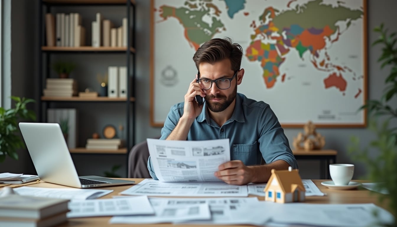 Homme téléphone, lit des documents bureau.