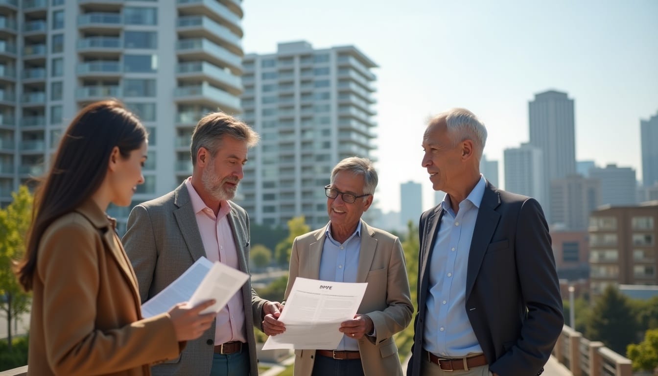 Réunion d'affaires en plein air, discussion de documents.
