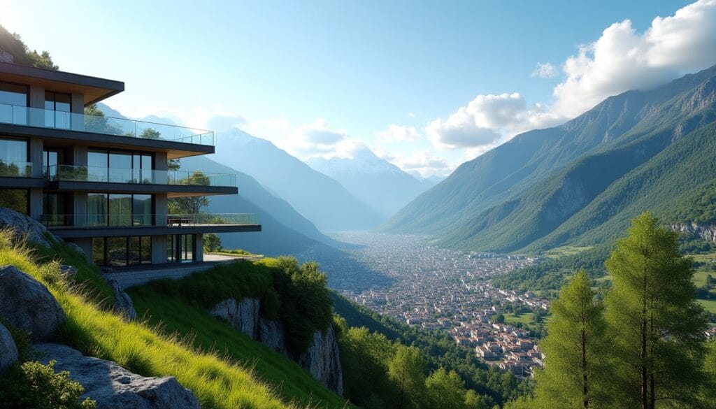 Hôtel moderne surplombant vallée alpine pittoresque.