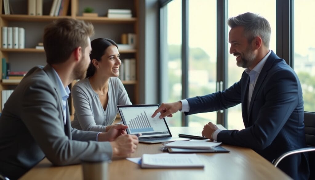 Réunion d'analystes discutant de graphiques financiers